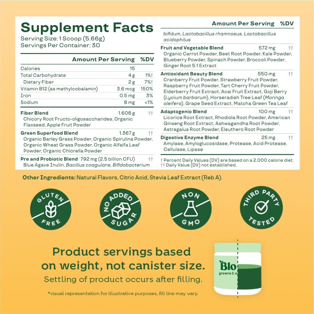 Bloom Nutrition Superfood GreensPowder, 30 Servings | DigestiveEnzymes with Probiotics and Prebiotics,Gut Health, Bloating Relief for Women,Chlorella, Green Juice Mix